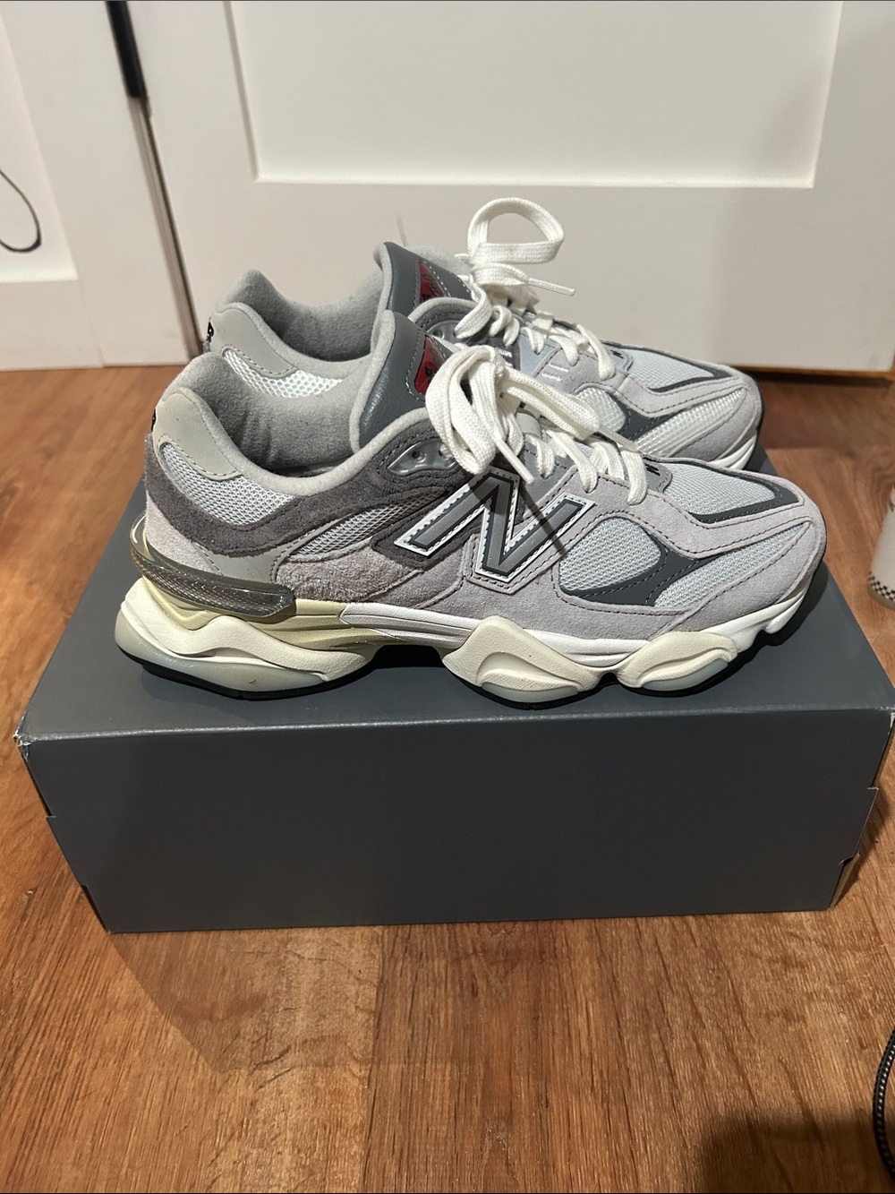 New Balance 9060 Gray & Cream Mesh Suede Sneakers - Picture 4 of 7